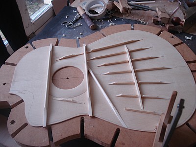 Bovenblad met steunbalkjes van een akoestische gitaar